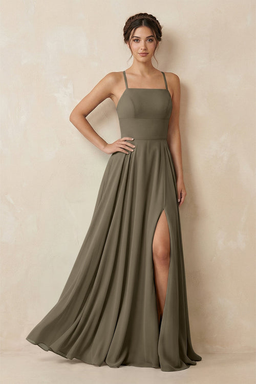 A - Line Chiffon Bridesmaid Dress With Slit in Willow Green - SHE IS ME Bridesmaid Dresses