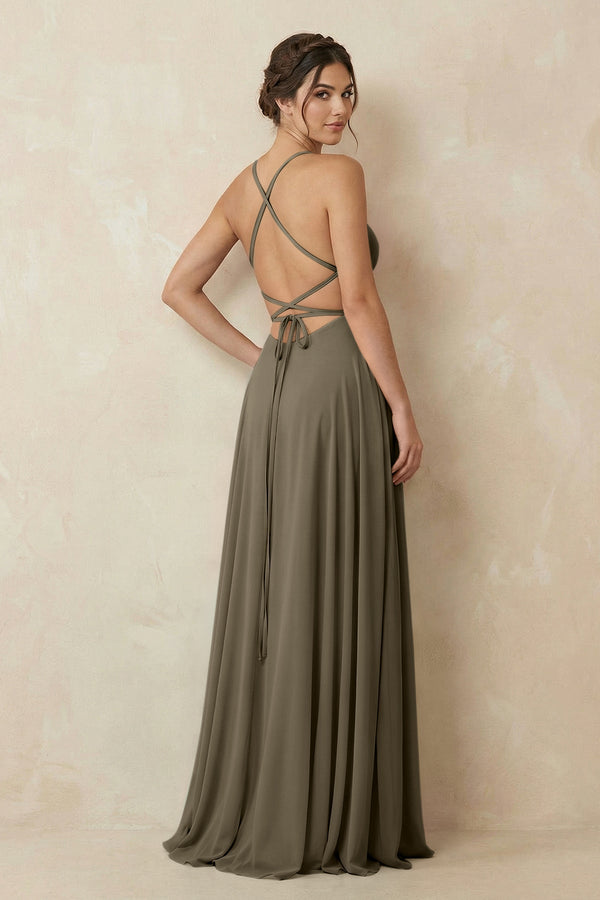 A - Line Chiffon Bridesmaid Dress With Slit in Willow Green - SHE IS ME Bridesmaid Dresses