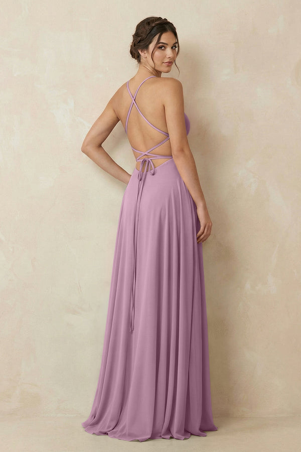 A - Line Chiffon Bridesmaid Dress With Slit in Wisteria - SHE IS ME Bridesmaid Dresses