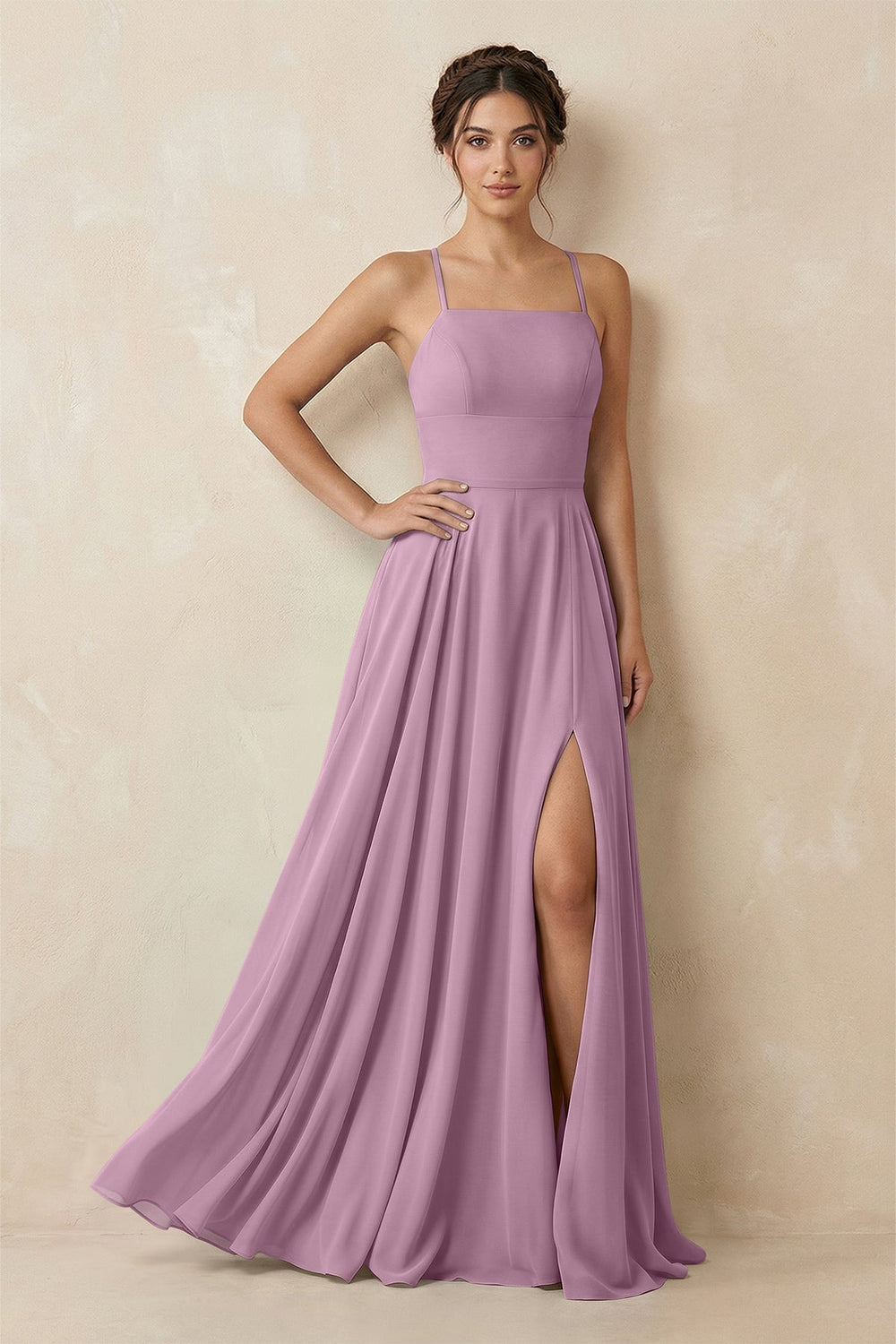 A - Line Chiffon Bridesmaid Dress With Slit in Wisteria - KISS BRIDAL Bridesmaid Dresses