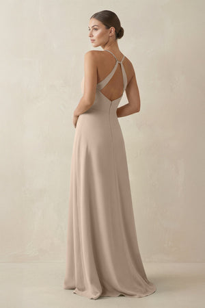A - Line Chiffon Long Bridesmaid Dress With Slit in Almond - SHE IS ME