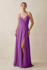 A - Line Chiffon Long Bridesmaid Dress With Slit in Amethyst - KISS BRIDAL