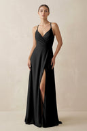A - Line Chiffon Long Bridesmaid Dress With Slit in Black - SHE IS ME