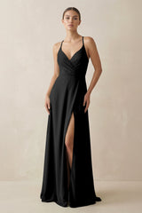A - Line Chiffon Long Bridesmaid Dress With Slit in Black - KISS BRIDAL