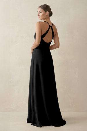 A - Line Chiffon Long Bridesmaid Dress With Slit in Black - SHE IS ME
