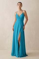 A - Line Chiffon Long Bridesmaid Dress With Slit in Blue Jay - KISS BRIDAL