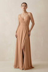 A - Line Chiffon Long Bridesmaid Dress With Slit in Bronzer - KISS BRIDAL