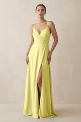 A - Line Chiffon Long Bridesmaid Dress With Slit in Buttercup - KISS BRIDAL
