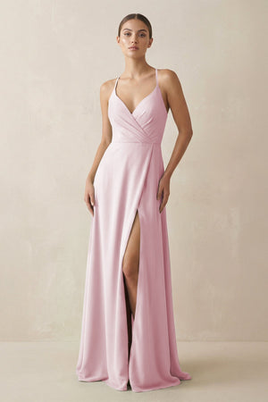 A - Line Chiffon Long Bridesmaid Dress With Slit in Candy Pink - SHE IS ME