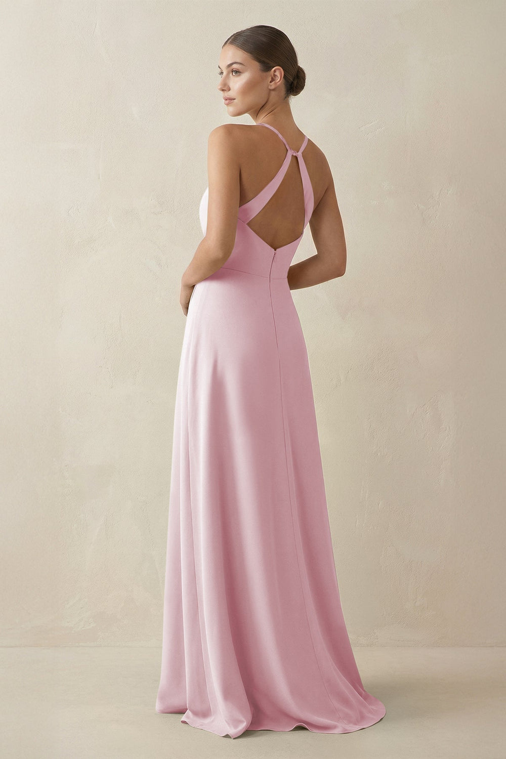 A - Line Chiffon Long Bridesmaid Dress With Slit in Candy Pink - SHE IS ME