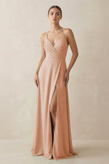 A - Line Chiffon Long Bridesmaid Dress With Slit in Champagne Rose - KISS BRIDAL