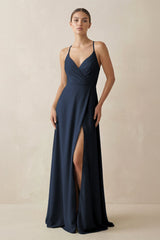 A - Line Chiffon Long Bridesmaid Dress With Slit in Dark Navy - KISS BRIDAL