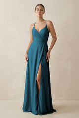 A - Line Chiffon Long Bridesmaid Dress With Slit in Dark Teal - KISS BRIDAL