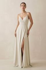 A - Line Chiffon Long Bridesmaid Dress With Slit in Dove Gray - KISS BRIDAL