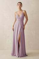 A - Line Chiffon Long Bridesmaid Dress With Slit in Dusk - SHE IS ME