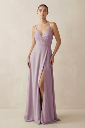 A - Line Chiffon Long Bridesmaid Dress With Slit in Dusk - SHE IS ME