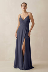 A - Line Chiffon Long Bridesmaid Dress With Slit in Dusk Blue - KISS BRIDAL