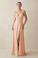 A - Line Chiffon Long Bridesmaid Dress With Slit in English Rose - SHE IS ME