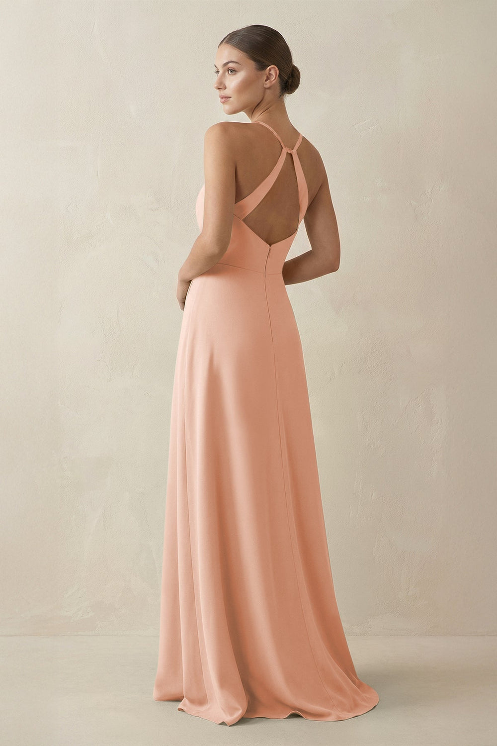 A - Line Chiffon Long Bridesmaid Dress With Slit in English Rose - SHE IS ME