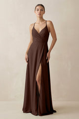 A - Line Chiffon Long Bridesmaid Dress With Slit in Espresso - KISS BRIDAL