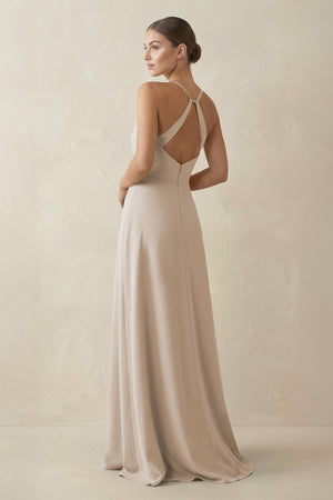 A - Line Chiffon Long Bridesmaid Dress With Slit in Frost - SHE IS ME