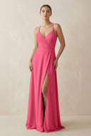 A - Line Chiffon Long Bridesmaid Dress With Slit in Fuchsia - SHE IS ME