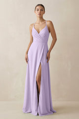 A - Line Chiffon Long Bridesmaid Dress With Slit in Lavender - KISS BRIDAL