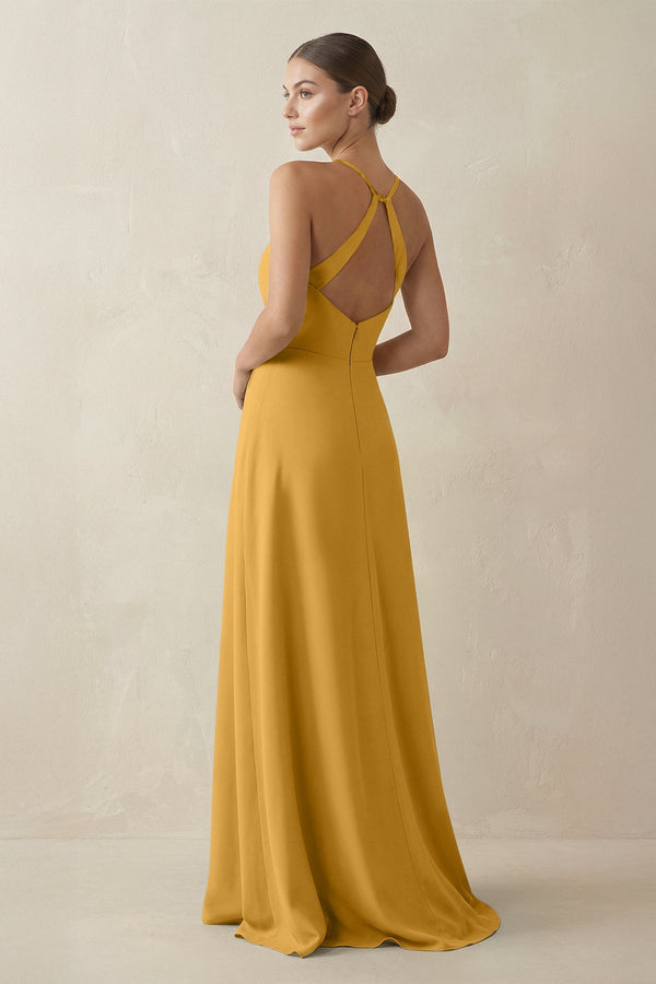 A - Line Chiffon Long Bridesmaid Dress With Slit in Marigold - SHE IS ME