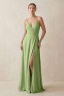 A - Line Chiffon Long Bridesmaid Dress With Slit in Matcha - SHE IS ME
