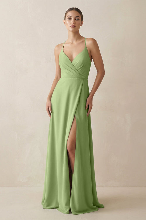A - Line Chiffon Long Bridesmaid Dress With Slit in Matcha - SHE IS ME