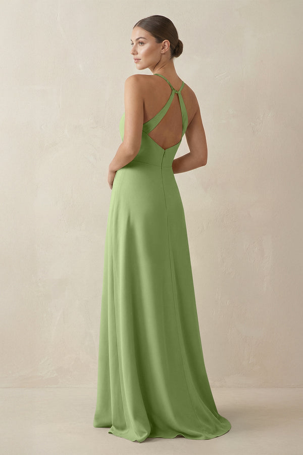A - Line Chiffon Long Bridesmaid Dress With Slit in Matcha - SHE IS ME
