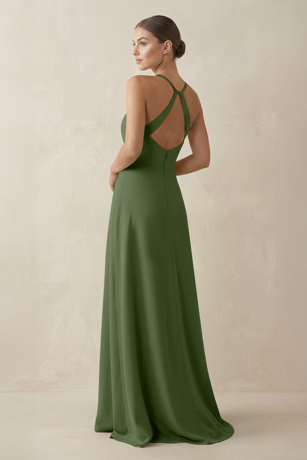 A-Line Chiffon Long Bridesmaid Dress With Slit in Moss