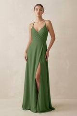 A - Line Chiffon Long Bridesmaid Dress With Slit in Moss - KISS BRIDAL