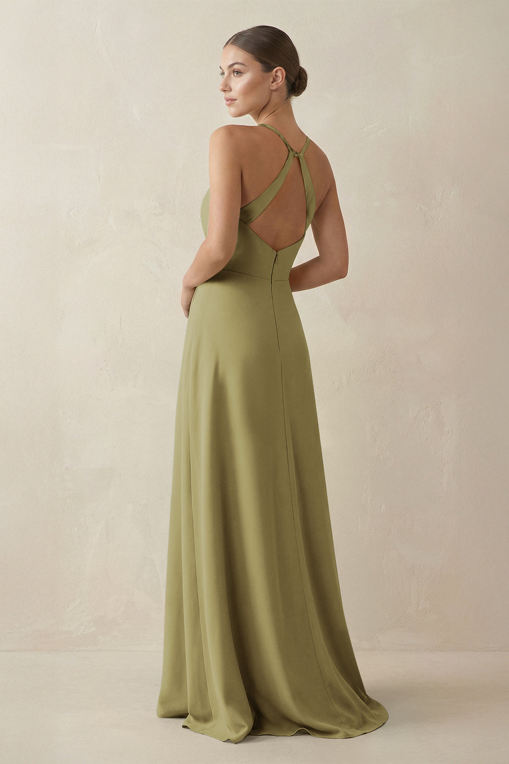 A-Line Chiffon Long Bridesmaid Dress With Slit in Moss Green