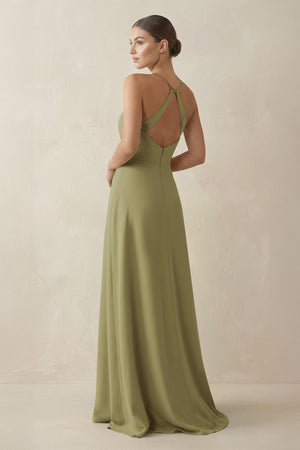 A - Line Chiffon Long Bridesmaid Dress With Slit in Moss Green - KISS BRIDAL