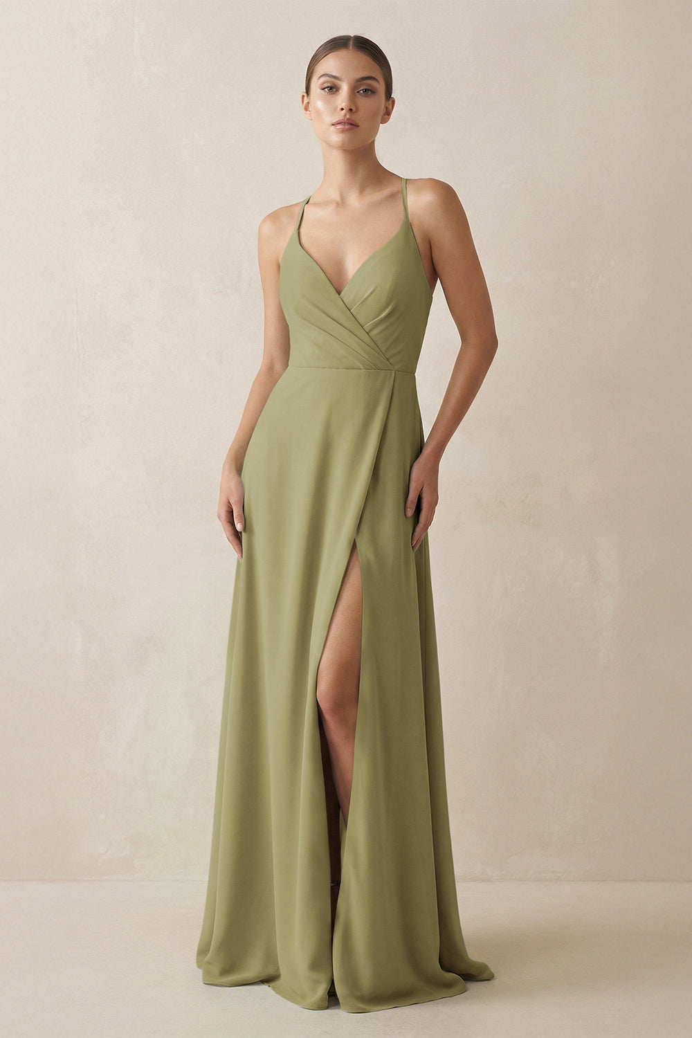 A-Line Chiffon Long Bridesmaid Dress With Slit in Moss Green