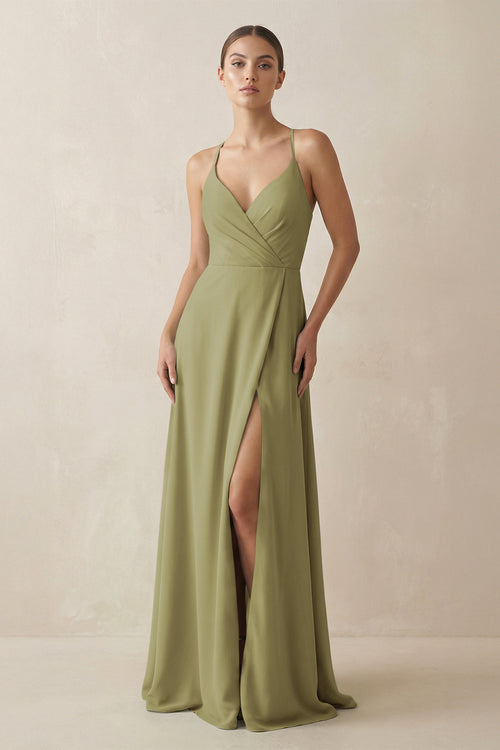 A - Line Chiffon Long Bridesmaid Dress With Slit in Moss Green - KISS BRIDAL