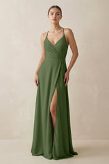 A-Line Chiffon Long Bridesmaid Dress With Slit in Moss | KISSBRIDAL
