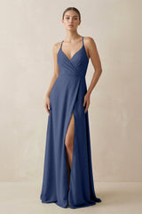 A - Line Chiffon Long Bridesmaid Dress With Slit in Navy - KISS BRIDAL