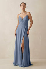 A - Line Chiffon Long Bridesmaid Dress With Slit in Neptune - KISS BRIDAL