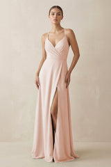 A - Line Chiffon Long Bridesmaid Dress With Slit in Pale Blush - KISS BRIDAL