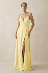 A - Line Chiffon Long Bridesmaid Dress With Slit in Pastel Yellow - KISS BRIDAL