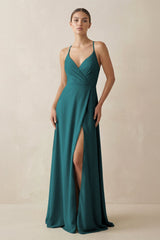 A - Line Chiffon Long Bridesmaid Dress With Slit in Pine - KISS BRIDAL