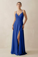 A - Line Chiffon Long Bridesmaid Dress With Slit in Royal Blue - KISS BRIDAL