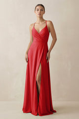 A - Line Chiffon Long Bridesmaid Dress With Slit in Ruby Red - KISS BRIDAL