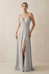 A - Line Chiffon Long Bridesmaid Dress With Slit in Silver - KISS BRIDAL