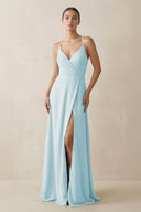 A - Line Chiffon Long Bridesmaid Dress With Slit in Sky Blue - SHE IS ME