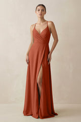 A - Line Chiffon Long Bridesmaid Dress With Slit in Spice - KISS BRIDAL
