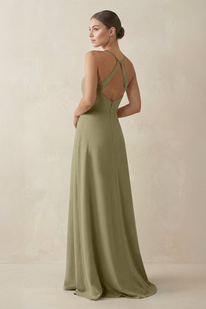 A - Line Chiffon Long Bridesmaid Dress With Slit in Thyme - SHE IS ME