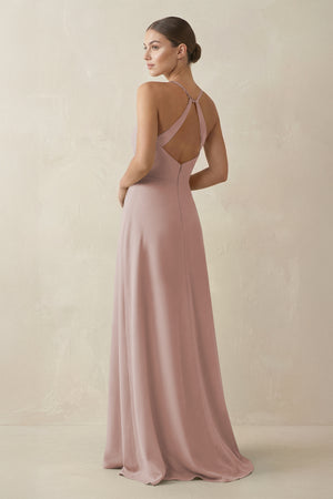 A-Line Chiffon Long Bridesmaid Dress With Slit in Toffee (2) | KISSBRIDAL